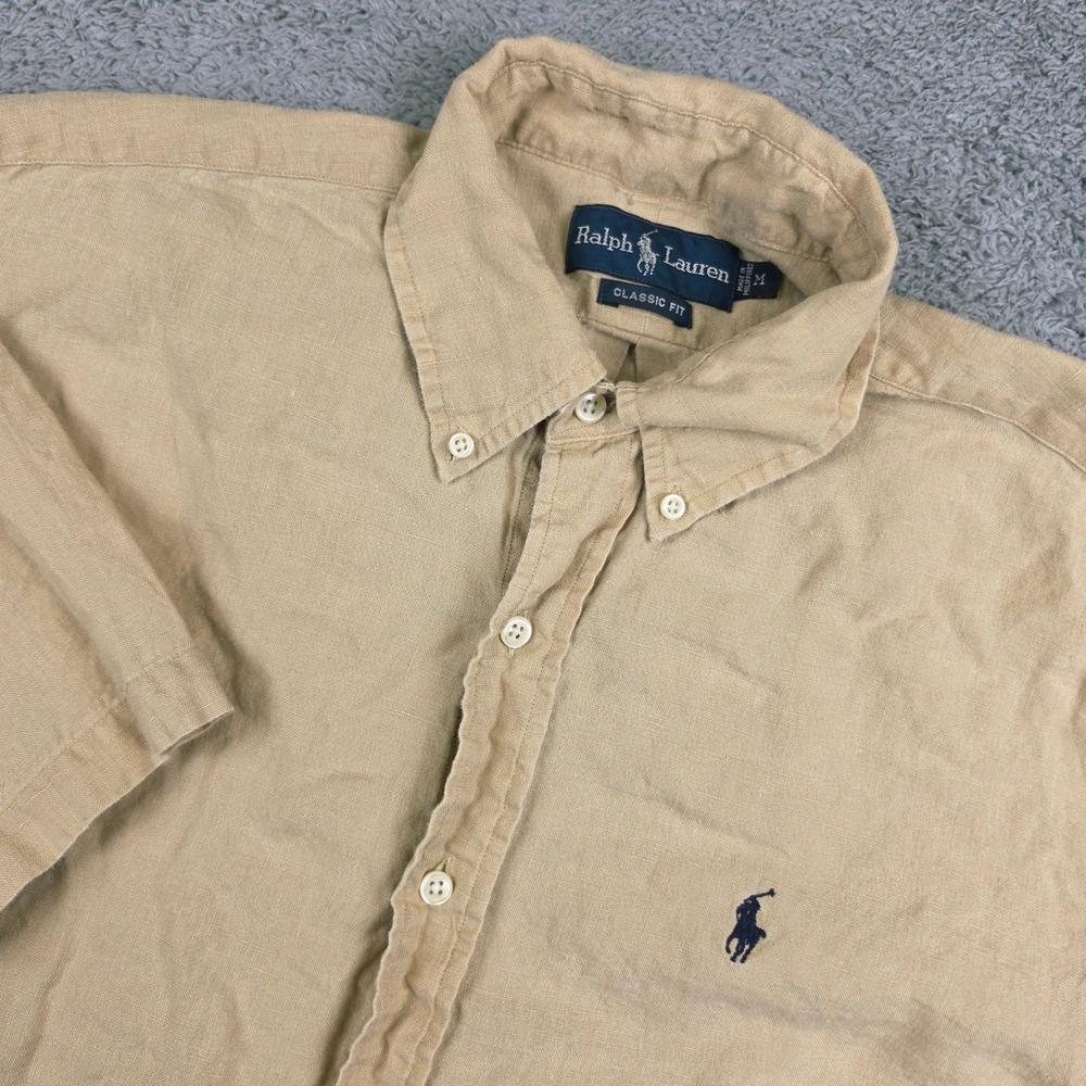 Ralph Lauren Linen Shirt Mens Medium Beige Short Sleeve Classic Fit Button Down